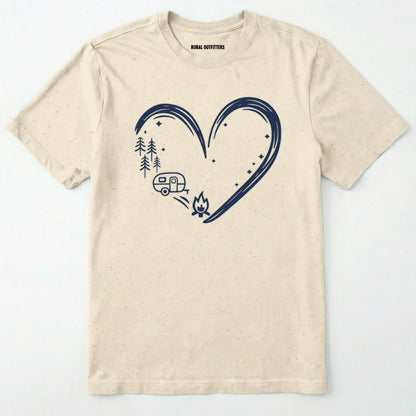 Natural i love camping shirt with a heart-shaped mountain and camper design on a white background.