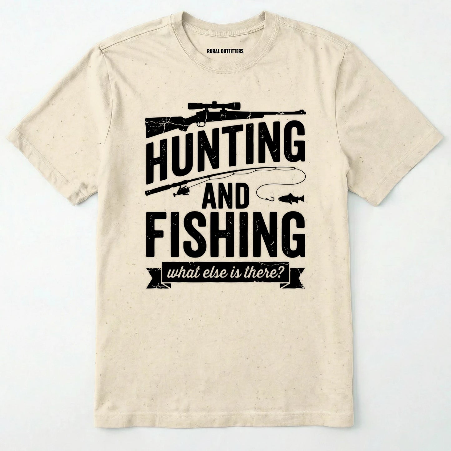 Natural t-shirt with hunting and fishing graphic and text on a white background