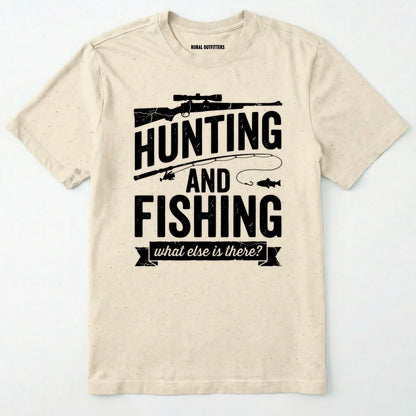 Natural t-shirt with hunting and fishing graphic and text on a white background
