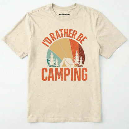 Natural t-shirt with 'i'd rather be camping' graphic design on a white background