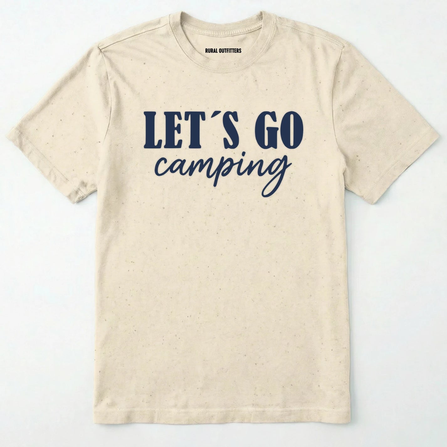 Natural lets go camping shirt with simple adventure typography on a light grey background.