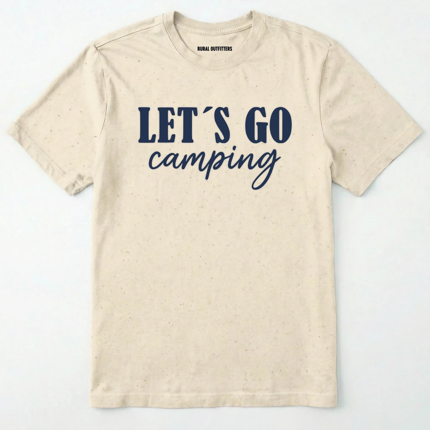Natural lets go camping shirt with simple adventure typography on a light grey background.