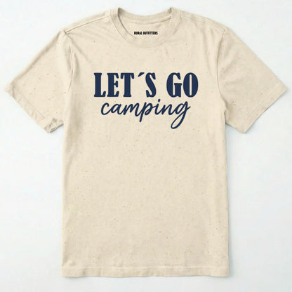Natural lets go camping shirt with simple adventure typography on a light grey background.