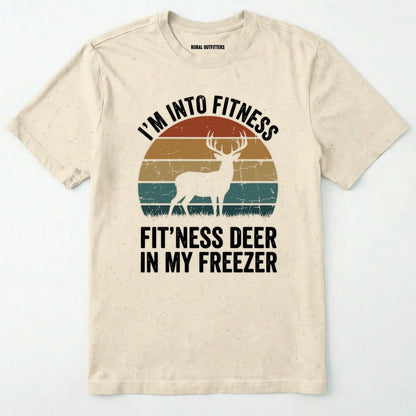 Natural t-shirt with a graphic of a deer and text on a white background