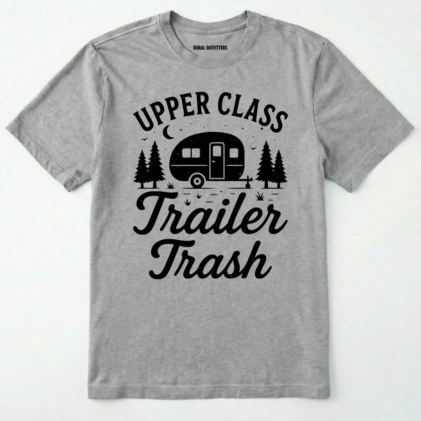 Sport Grey Upper Class Trailer Trash t-shirt with camper graphic on a white background