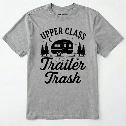 Sport Grey Upper Class Trailer Trash t-shirt with camper graphic on a white background