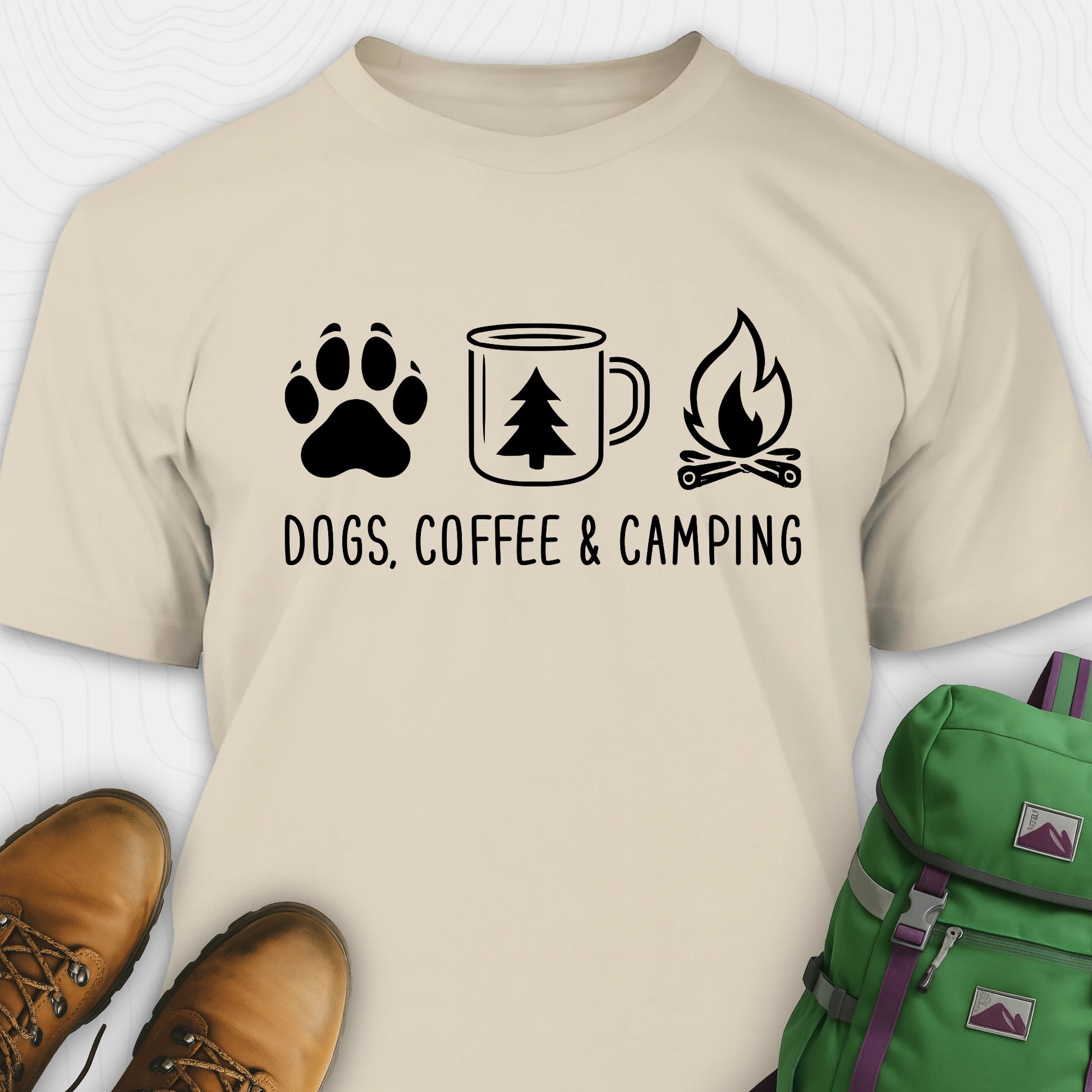 Sand camping dog shirt with paw print, coffee mug and campfire design