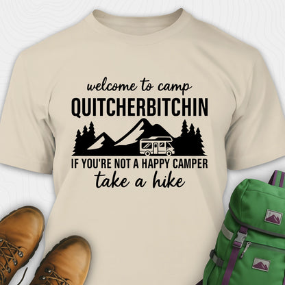 Sand camp quitcherbitchin shirt with rv and mountain graphic