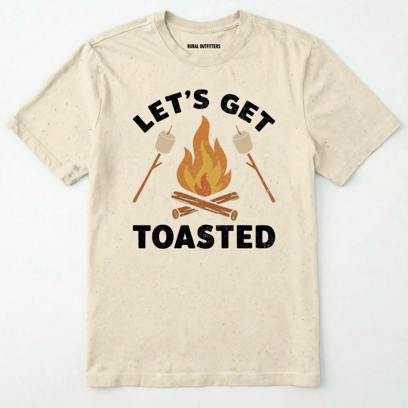 Natural let⊙s get toasted shirt with campfire and roasting marshmallow graphic on a white background