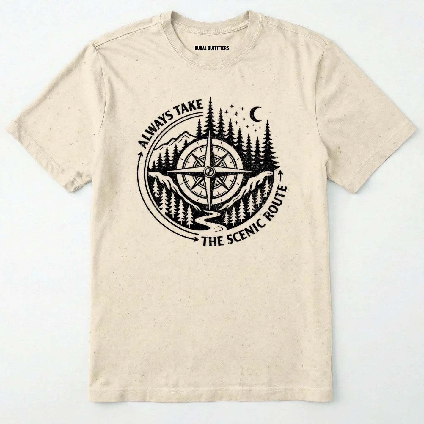 Natural always take the scenic route t-shirt with compass graphic and text on a white background.