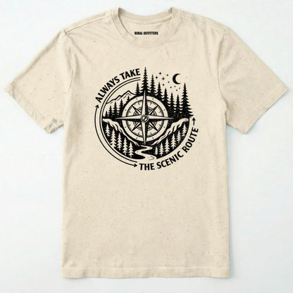 Natural always take the scenic route t-shirt with compass graphic and text on a white background.