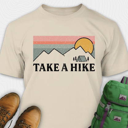 Sand take a hike shirt with retro sunset and mountain graphic