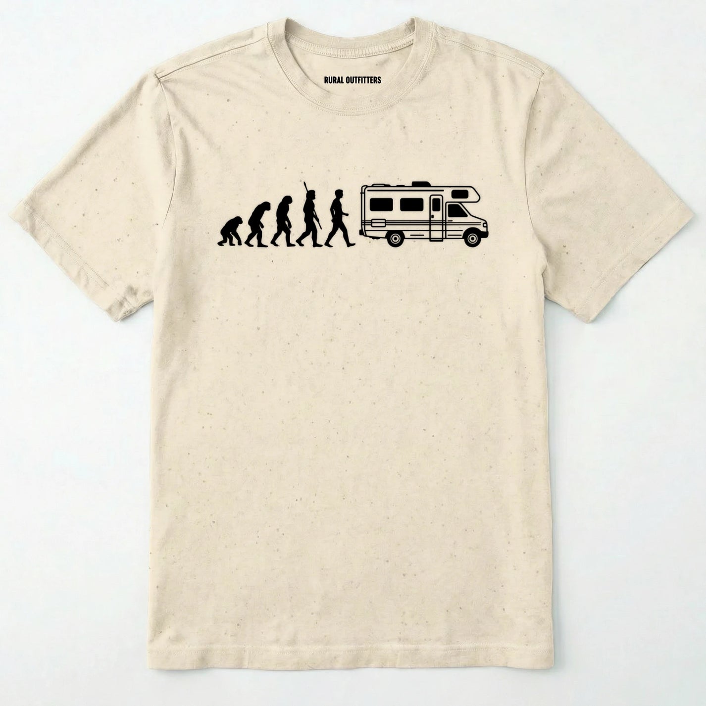 Natural evolution shirt featuring a human to rv silhouette graphic on a white background.