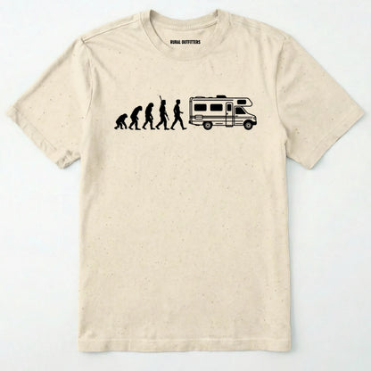 Natural evolution shirt featuring a human to rv silhouette graphic on a white background.