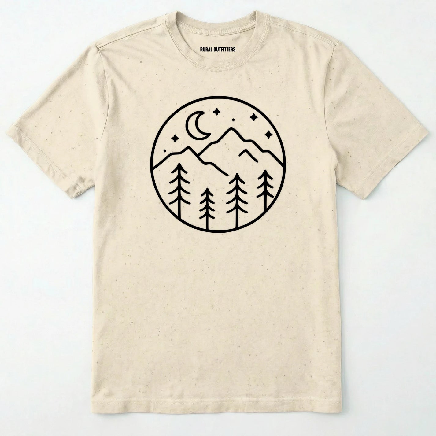 Natural moon and stars shirt with minimalist mountain and forest design on a white background.