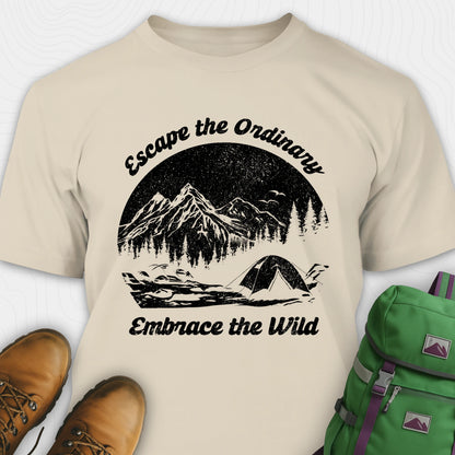 Sand escape the ordinary t-shirt with mountain and tent graphic