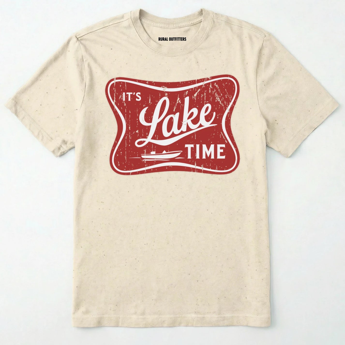 Natural lake t-shirt with retro ⊜it⊙s lake time⊝ graphic, featuring a red vintage lake badge design, nature-themed on a white background.