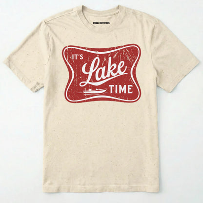 Natural lake t-shirt with retro ⊜it⊙s lake time⊝ graphic, featuring a red vintage lake badge design, nature-themed on a white background.