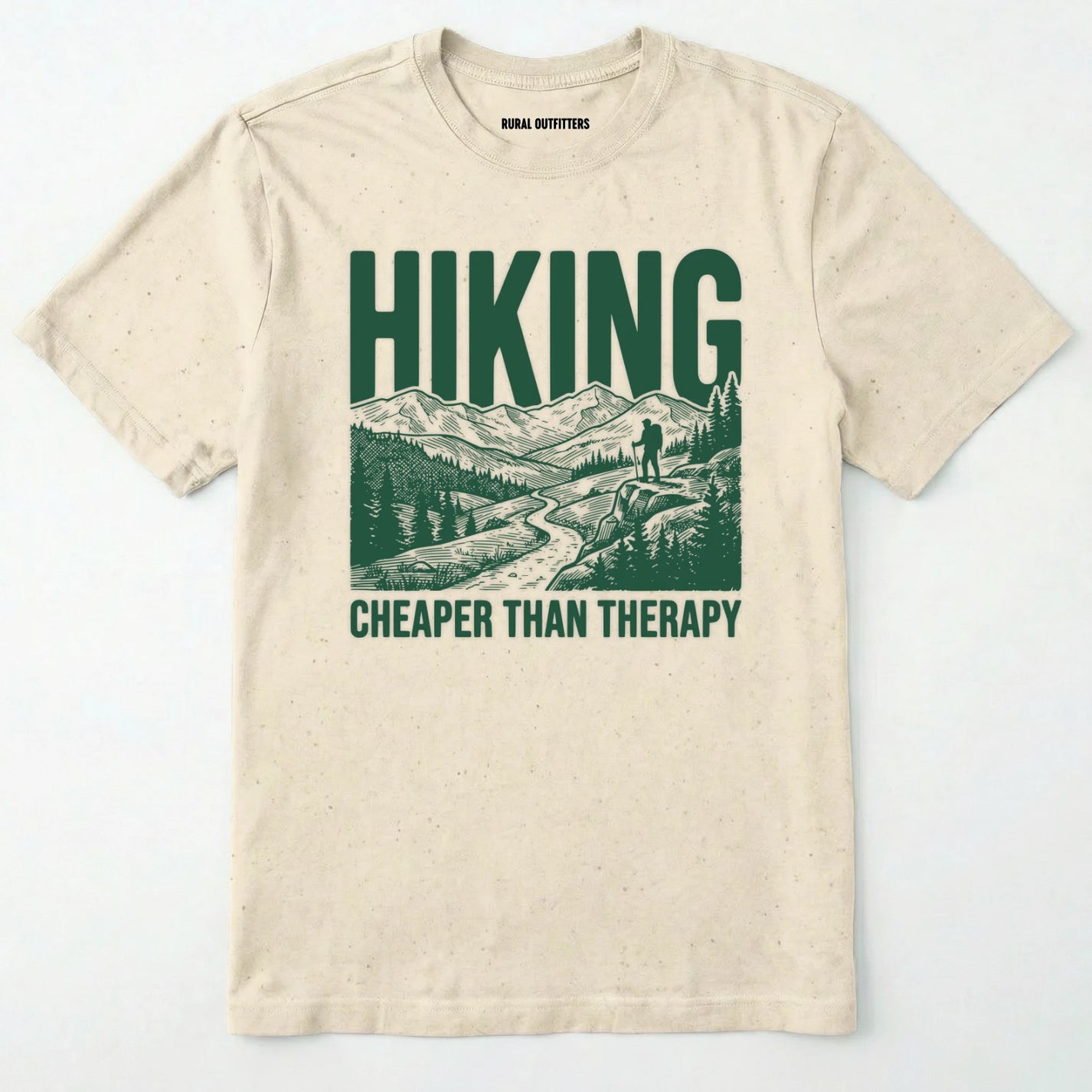 Natural t-shirt with Military Green graphic and text 'hiking cheaper than therapy' on a white background