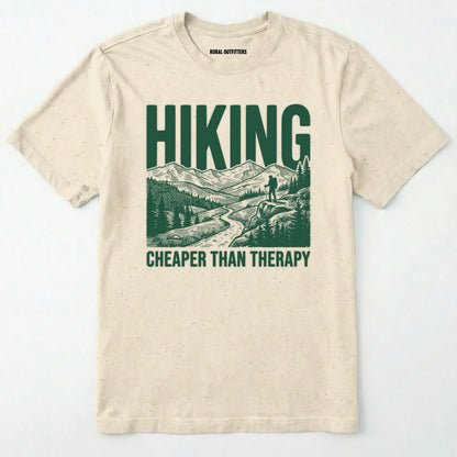 Natural t-shirt with Military Green graphic and text 'hiking cheaper than therapy' on a white background