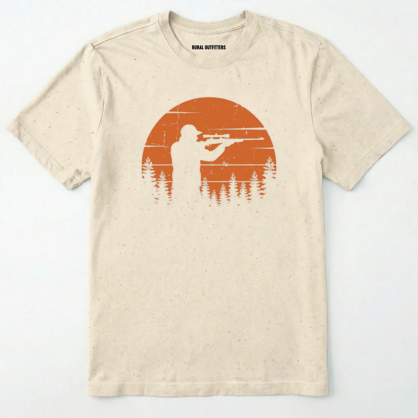Natural t-shirt with a graphic of a hunter and sunset over trees on a white background