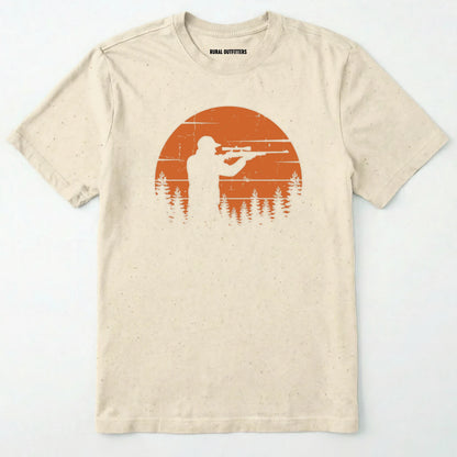 Natural t-shirt with a graphic of a hunter and sunset over trees on a white background