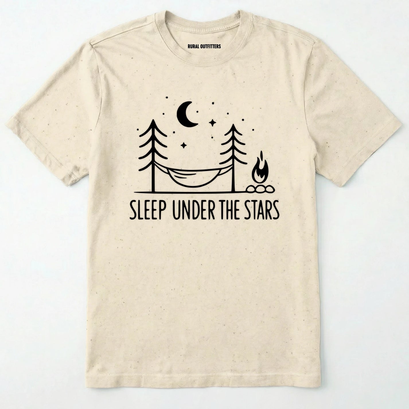 Natural night sky shirt with hammock, moon, stars and campfire design on a white background.