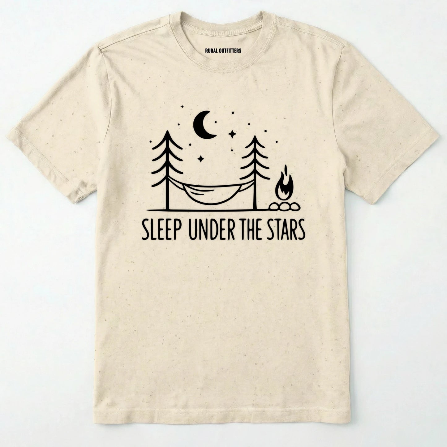 Natural night sky shirt with hammock, moon, stars and campfire design on a white background.