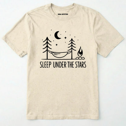 Natural night sky shirt with hammock, moon, stars and campfire design on a white background.