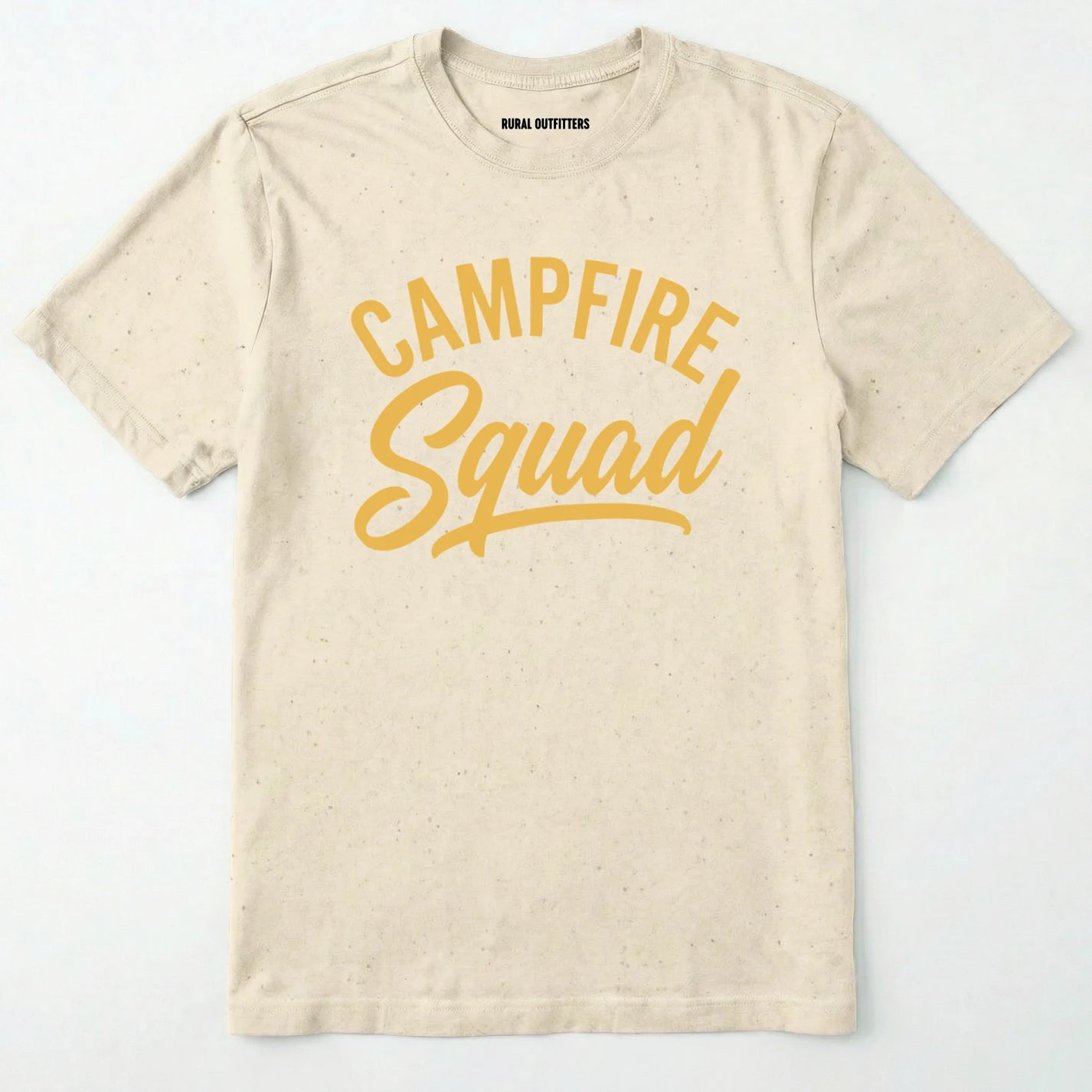 Natural t-shirt with 'campfire squad' text in yellow on a white background