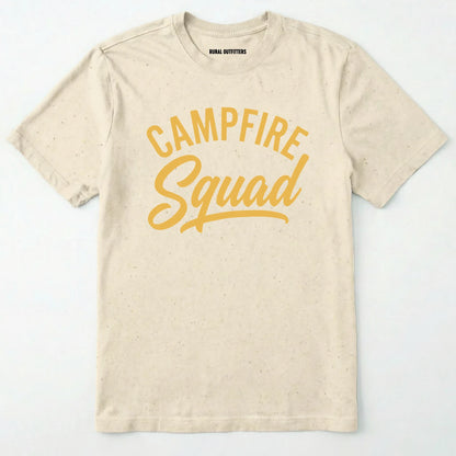 Natural t-shirt with 'campfire squad' text in yellow on a white background