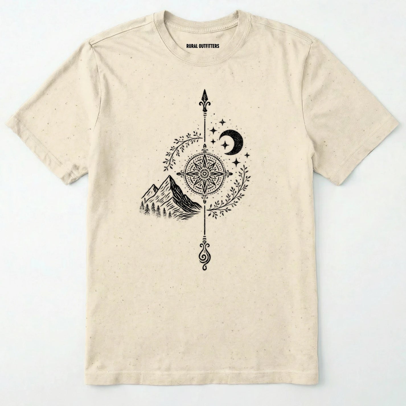 Natural women's hiking shirt with a white graphic design of a compass, moon, and mountains on a white background.