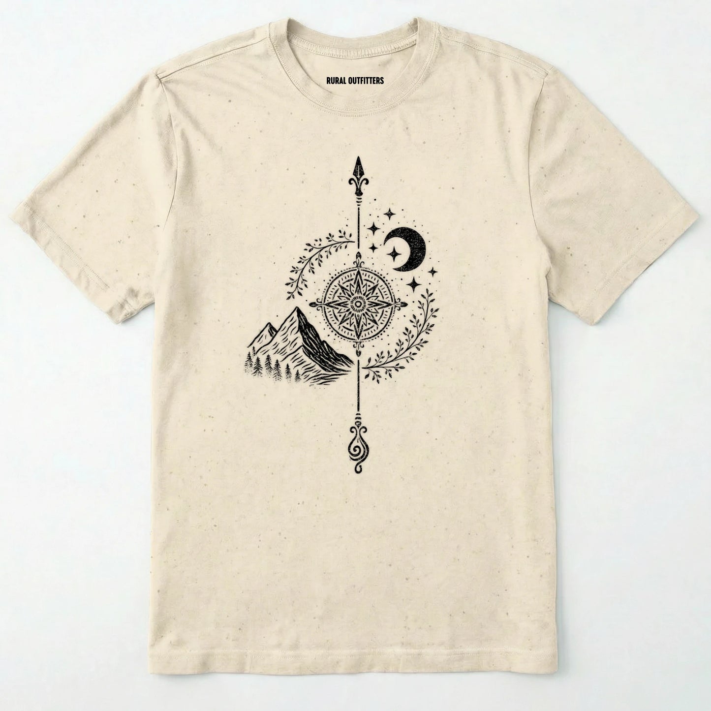 Natural women's hiking shirt with a white graphic design of a compass, moon, and mountains on a white background.