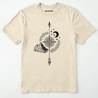 Natural women's hiking shirt with a white graphic design of a compass, moon, and mountains on a white background.