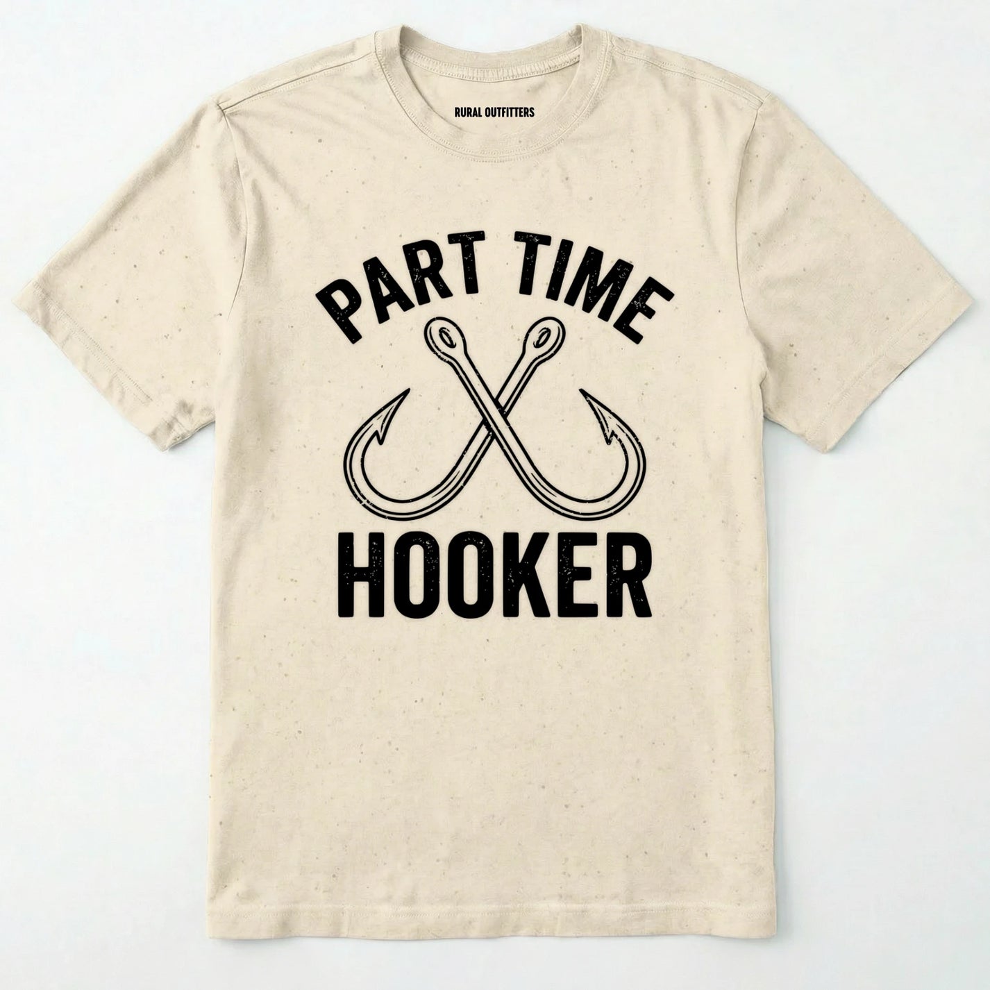 Natural t-shirt with 'part time hooker' text and fish hooks design on a white background