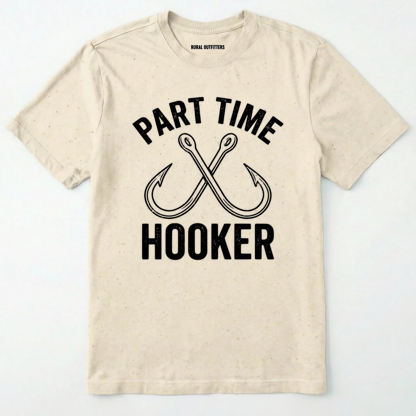 Natural t-shirt with 'part time hooker' text and fish hooks design on a white background