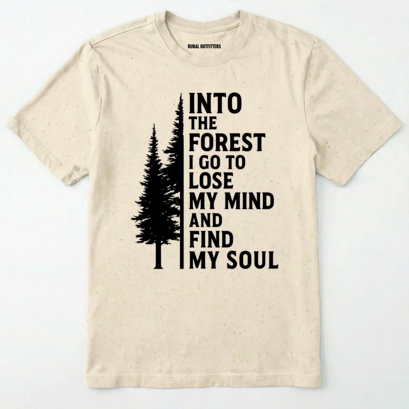 Natural into the forest i go t-shirt with white forest graphic and tall trees design on a white background.