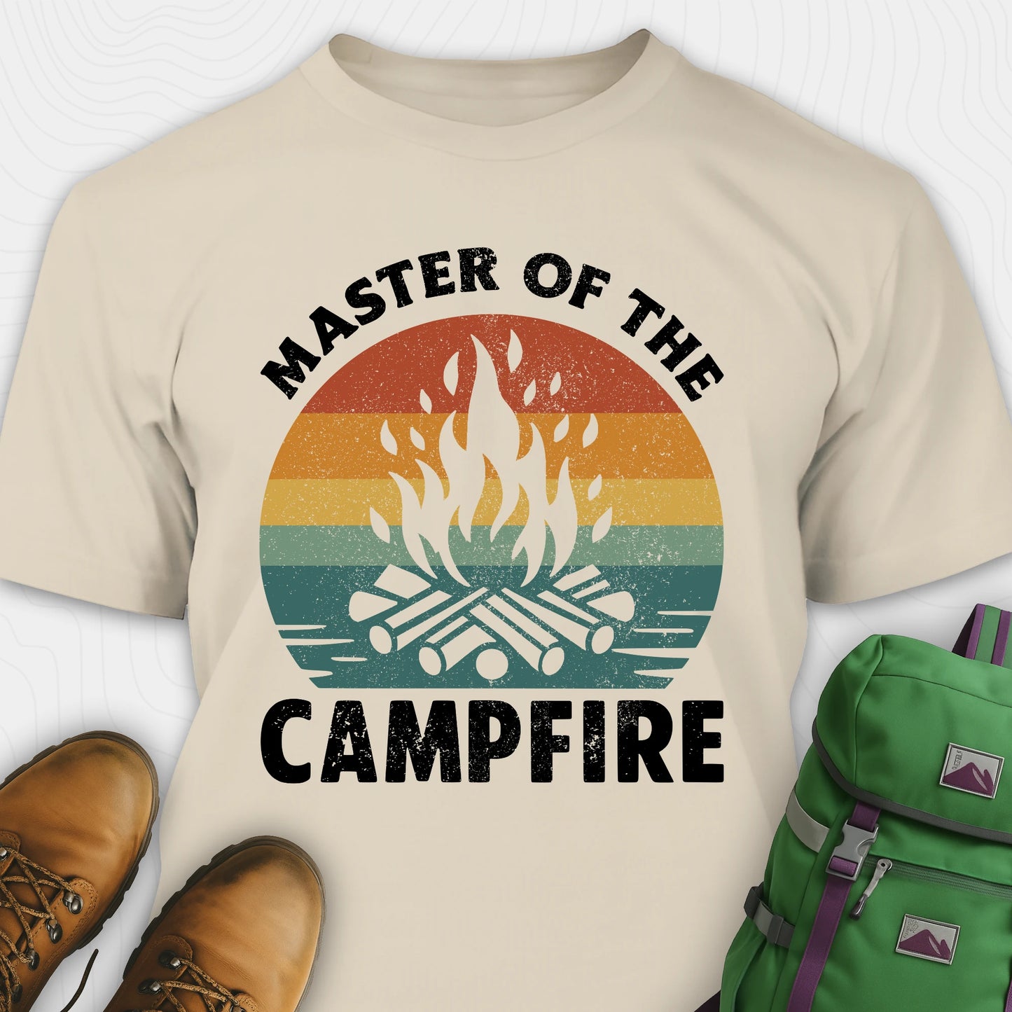 Sand master of the campfire t-shirt with retro sunset and flame graphic