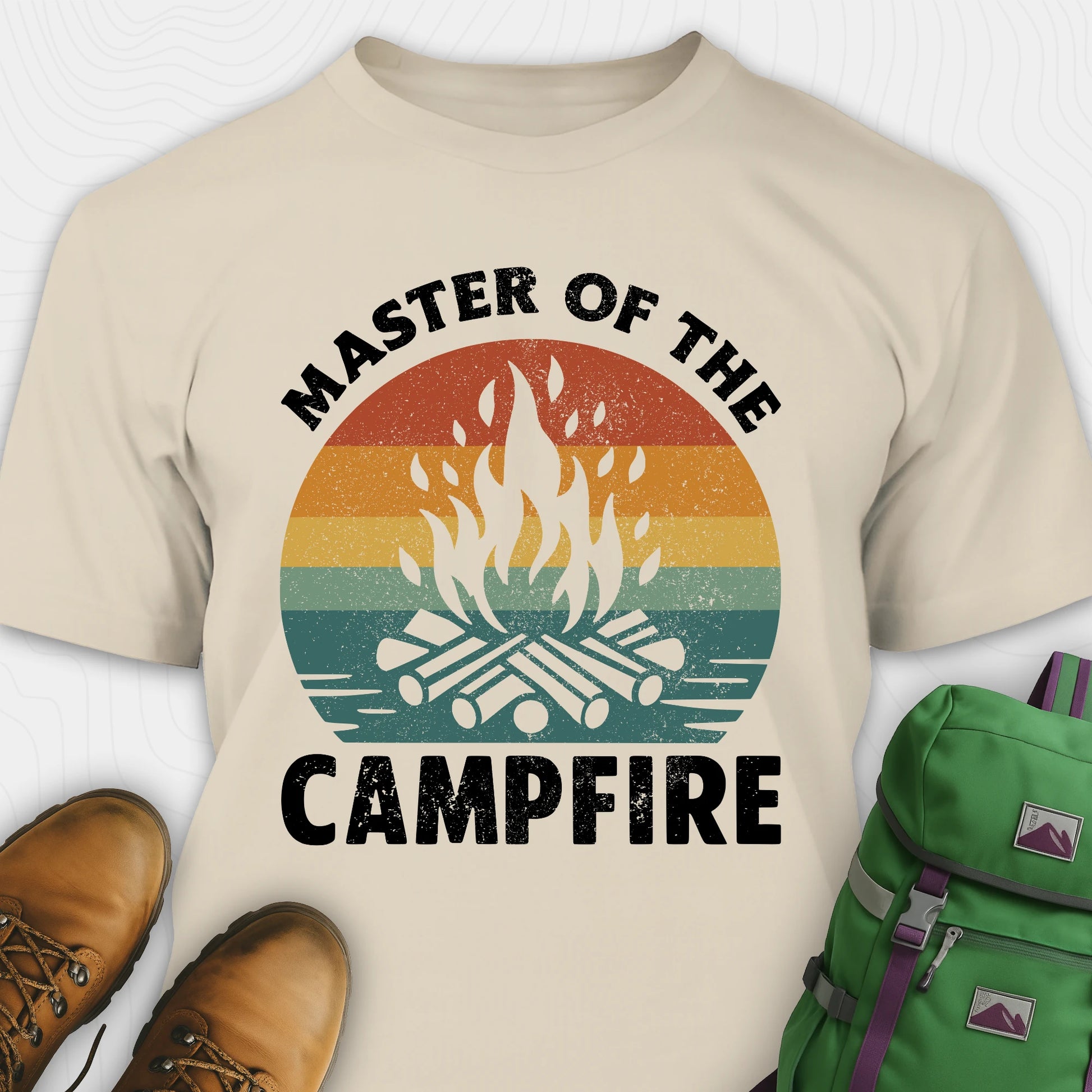Sand master of the campfire t-shirt with retro sunset and flame graphic
