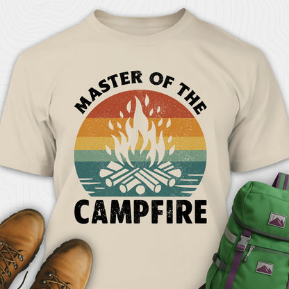 Sand master of the campfire t-shirt with retro sunset and flame graphic