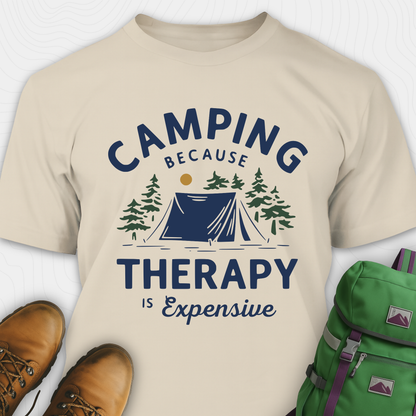 Sand camping therapy shirt with tent and pine trees design and "camping because therapy is expensive" text