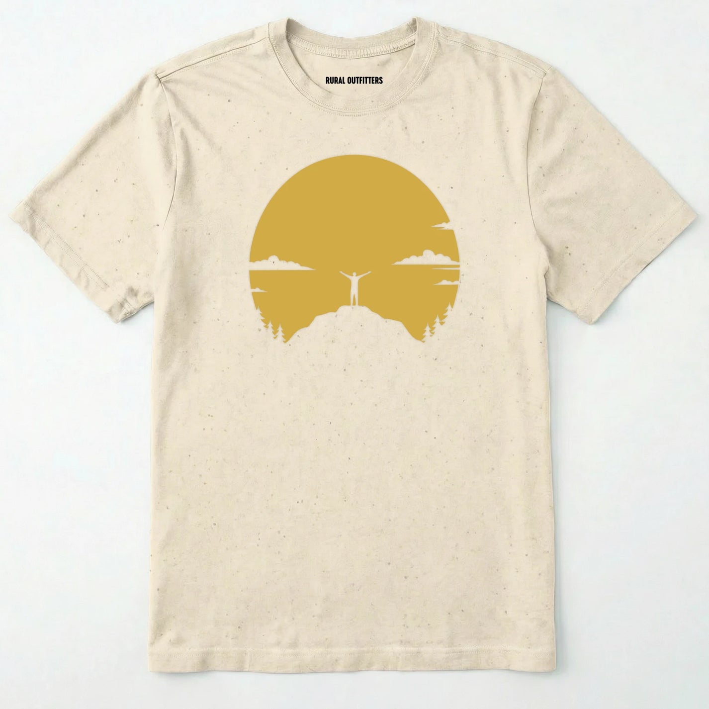 Natural climbing shirt with a yellow sunset and a mountain climber silhouette on a white background.