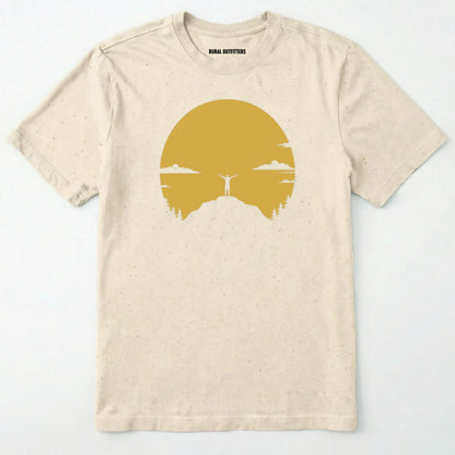 Natural climbing shirt with a yellow sunset and a mountain climber silhouette on a white background.