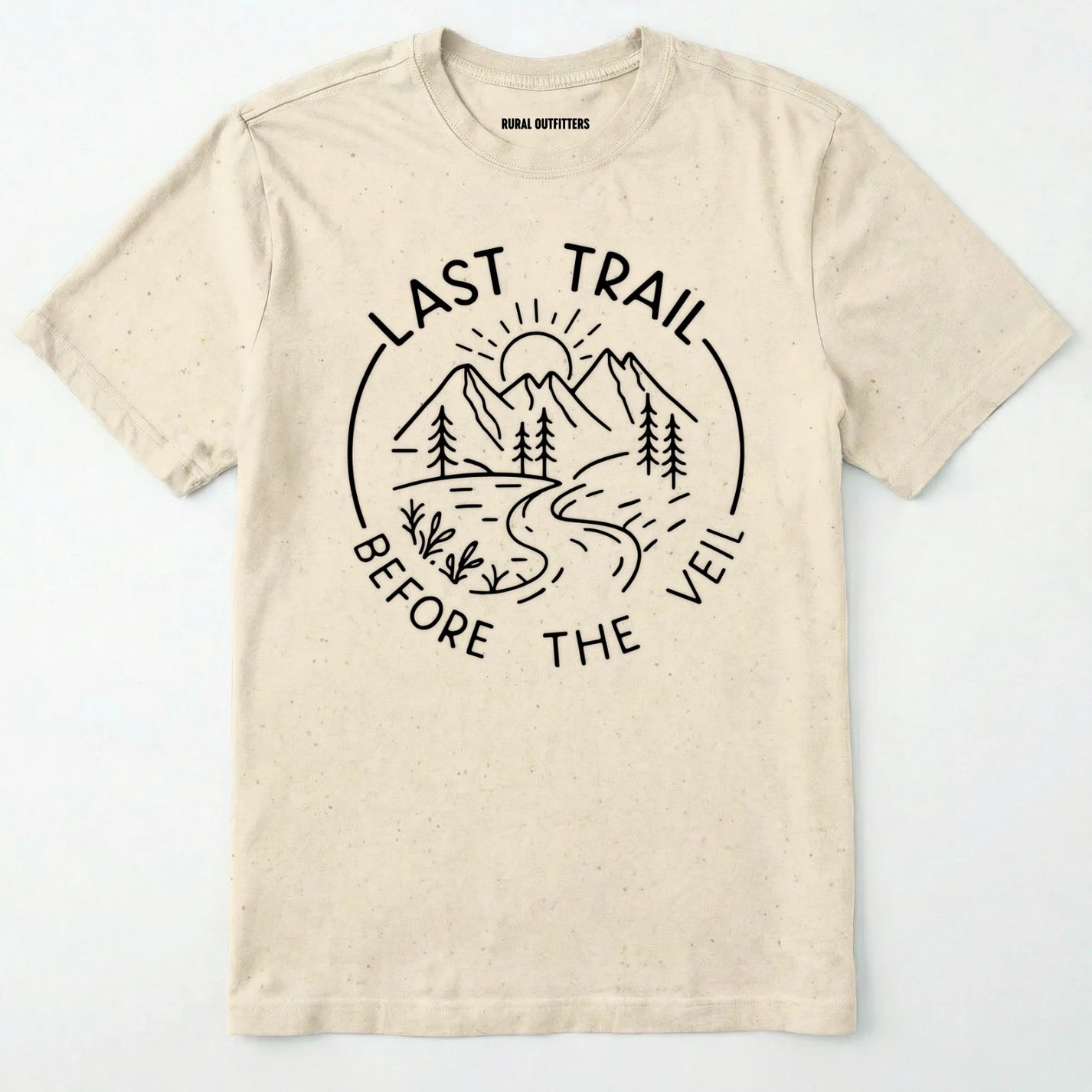 Natural nature-themed last trail before the veil shirt with line-art mountain scene on a white background.