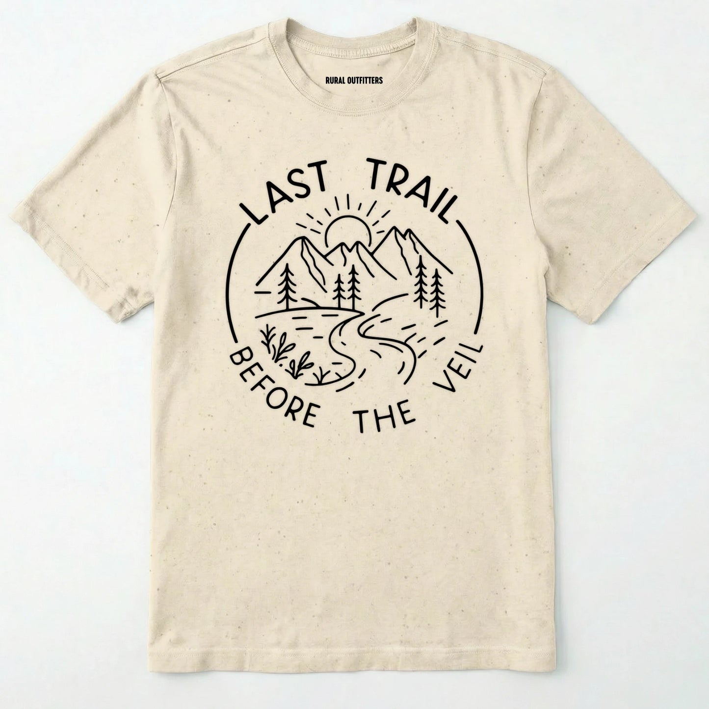Natural nature-themed last trail before the veil shirt with line-art mountain scene on a white background.