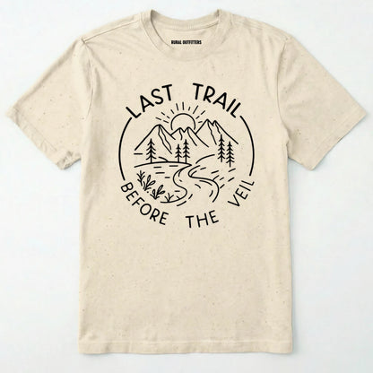 Natural nature-themed last trail before the veil shirt with line-art mountain scene on a white background.