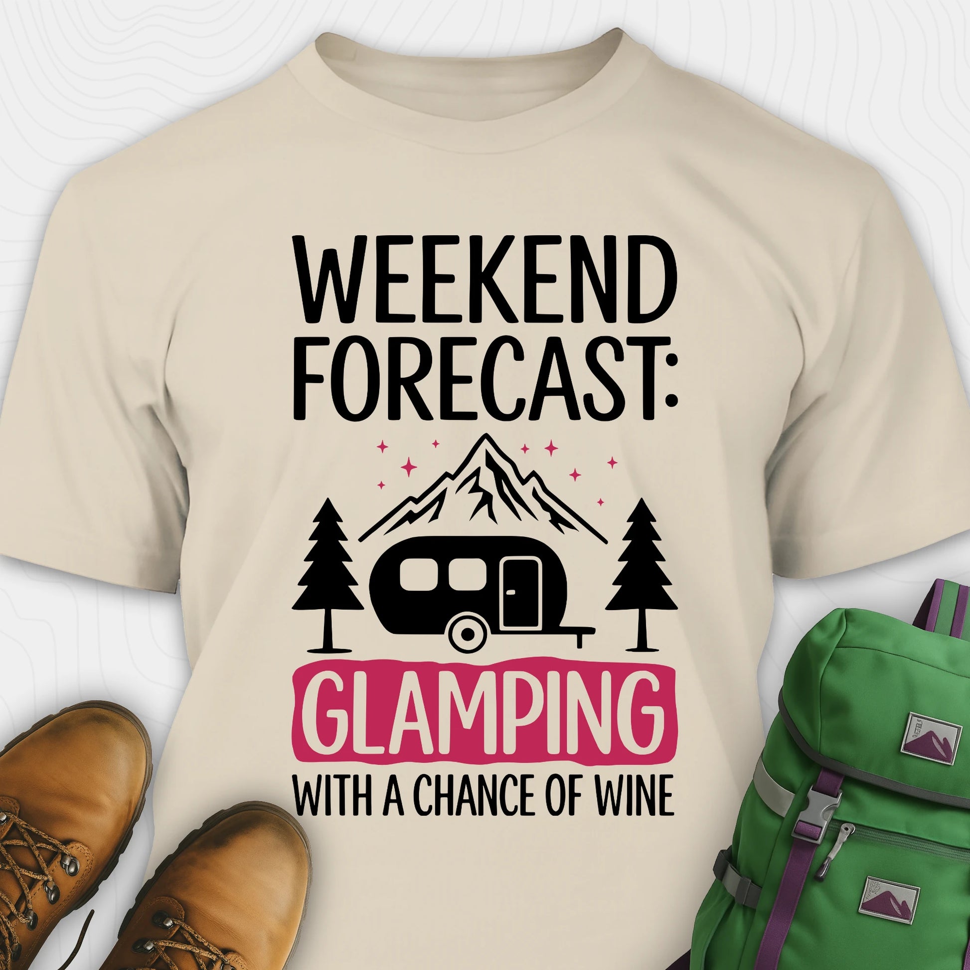 Sand glamping shirt with camping trailer and forest illustration