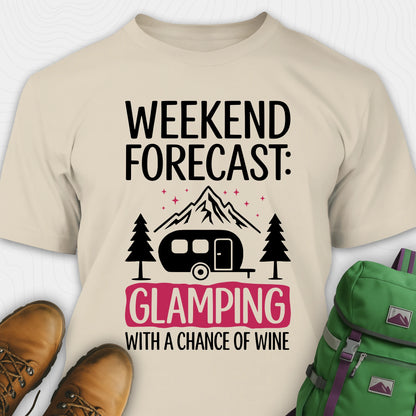 Sand glamping shirt with camping trailer and forest illustration