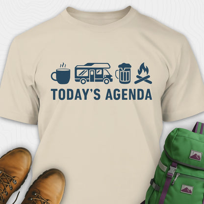 Sand RV life shirt with coffee, RV beer and campfire icons
