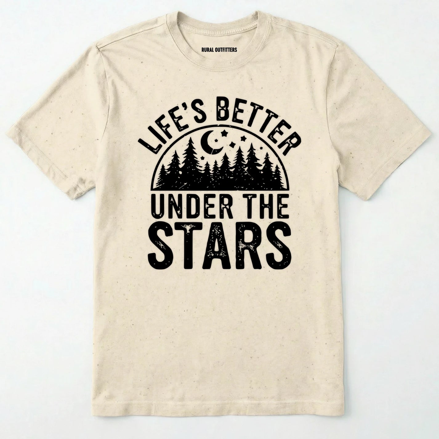 Natural life's better under the stars t-shirt with forest and moon graphic on a white background.